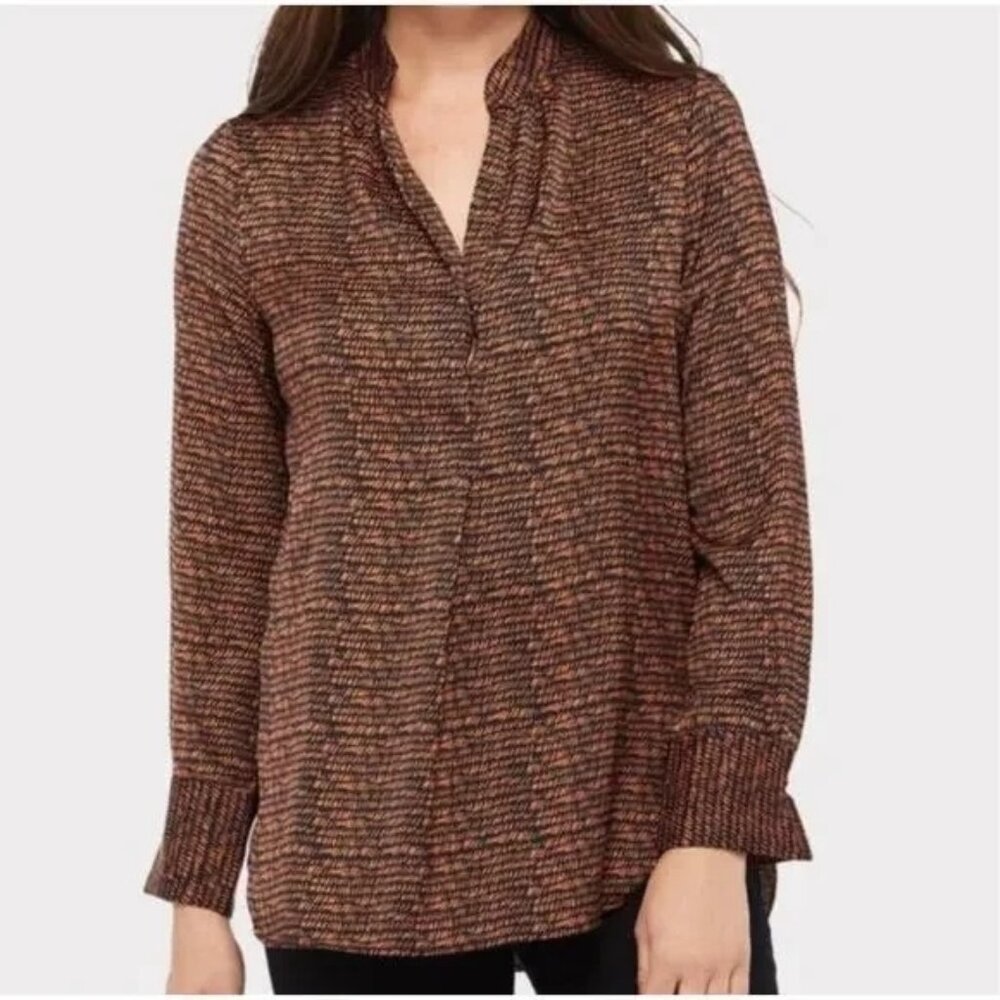 David Lerner V Neck Bombay Stripes Blouse Size M Black Orange Career Office NEW